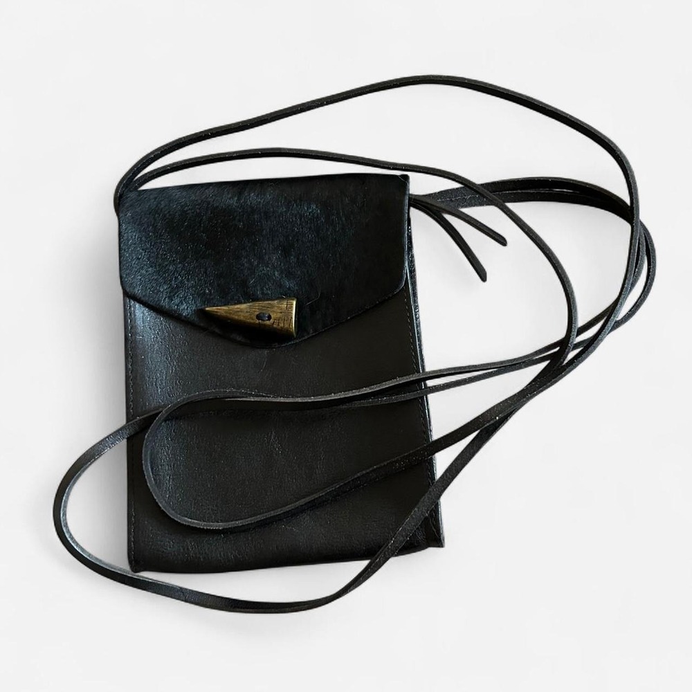 Lucky Brand Black Leather Pony Hair Horn Toggle Crossbody Pouch Bag